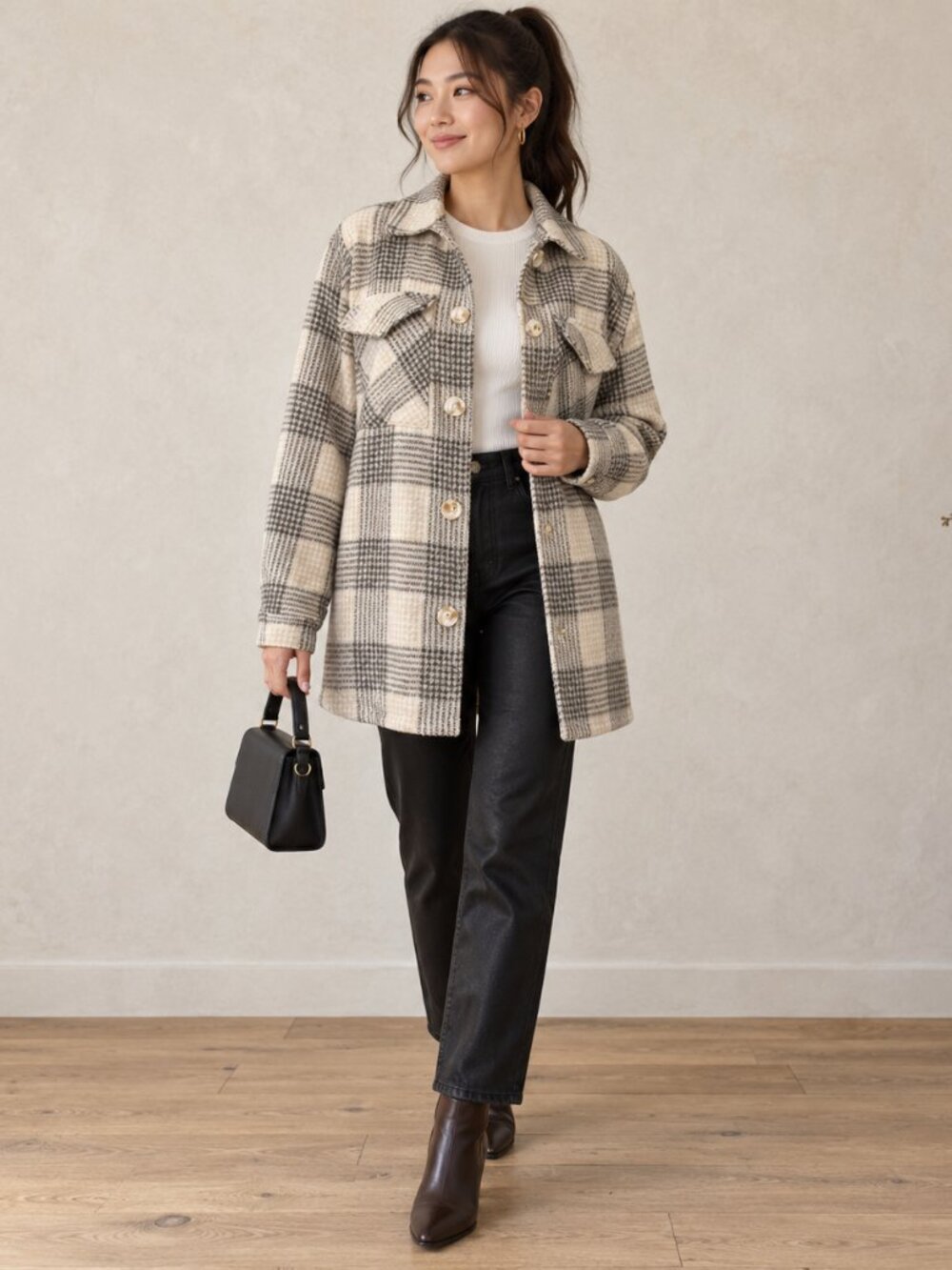 Ellison Beige Tweed Coat Jacket - Classic Neutral Outerwear Large Shacket